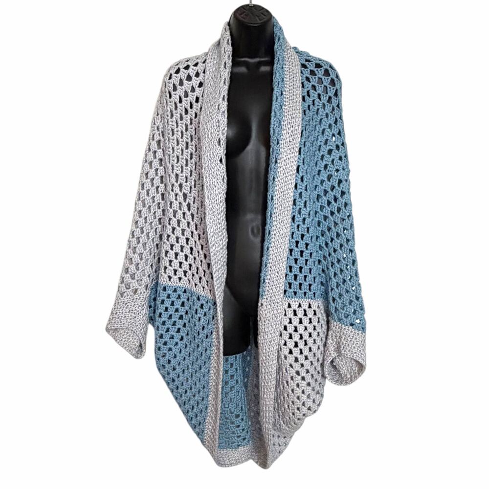 HANDMADE CROCHET COCOON CARDIGAN SHRUG WESTERN COTTAGECORE GRANNYCORE BLUE GREY